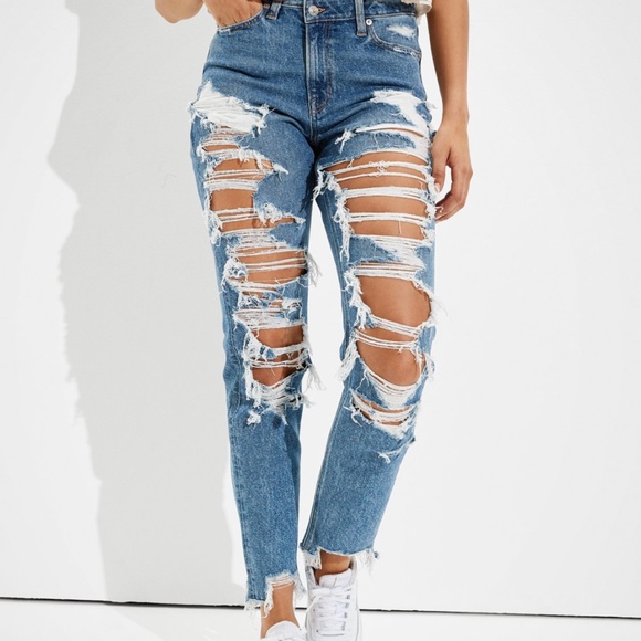 American Eagle Outfitters, Jeans, Ae Stretch Crossover Ripped Highest  Waist Mom Jean